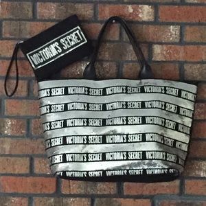 VS  X-LARGE TOTE with SILVER SEQUINS & MAKE-UP BAG